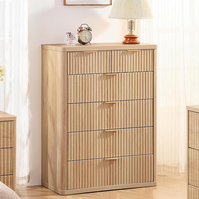 LEYAOYAO Fluted 6 Drawers Dresser for Bedroom Set of 2, 42" Tall Modern Chest of Drawers with Metal Handle, Curved Profile Design,Natural Wood Drawer Organizer for Bedroom, Living Room, Hallway