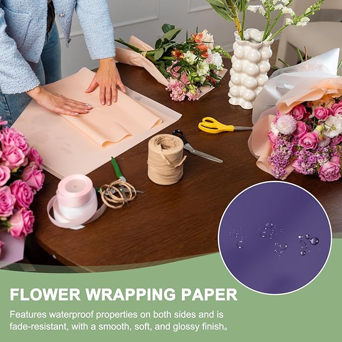 PATIKIL Flower Gift Wrapping Paper, 20 Sheets Gold Edge Waterproof Bouquet Paper Wrap Florist Supplies Packaging Floral Papers for Wedding DIY Craft Valentine Mother's Day, Purple