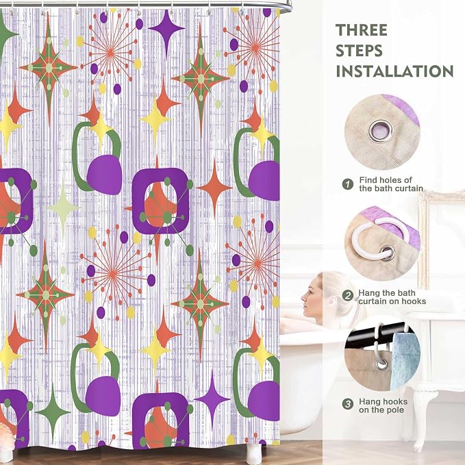 Mid Century Shower Curtain, 72x72inch, Modern Abstract Retro Purple Striped Geometric Shower Curtain Sets 1950s Boho Bathroom Shower Curtain with 12 Hooks