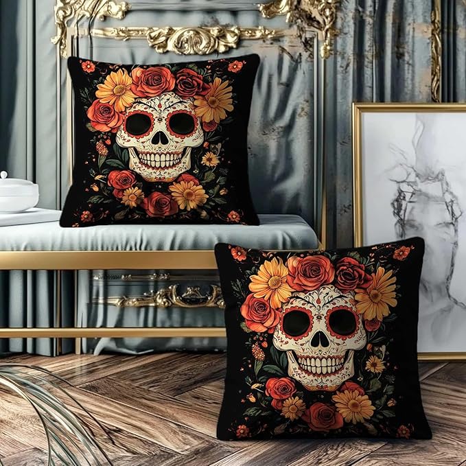 Sugar Skull Throw Pillow Covers 18x18 Set of 2, Mexican Day of The Dead Pillowcase for Sofa and Couch, Chirstmas Decorative Square Cushion Cases for Living and Bed Room