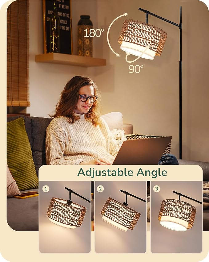 EDISHINE Rattan Floor Lamp with Dimmable Bulb, 5 Color Temperatures, Adjustable Farmhouse Standing Lamp with Remote, Black Floor Lamps for Living Room, Office, Bedroom