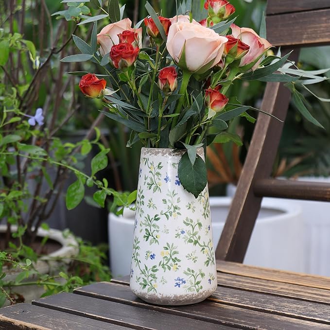 Vintage Ceramic Flower Vase with Floral Crackle Glaze, Rustic Farmhouse Decorative Vase for Home Décor, Table Centerpiece for Mother’s Day, Birthday, or Housewarming
