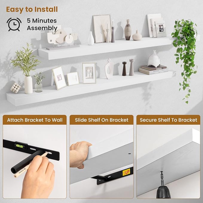 Fun Memories 55 Inch Floating Shelves Bedroom, Large Extra Floating Shelf Set of 2 with Invisible Brackets, White