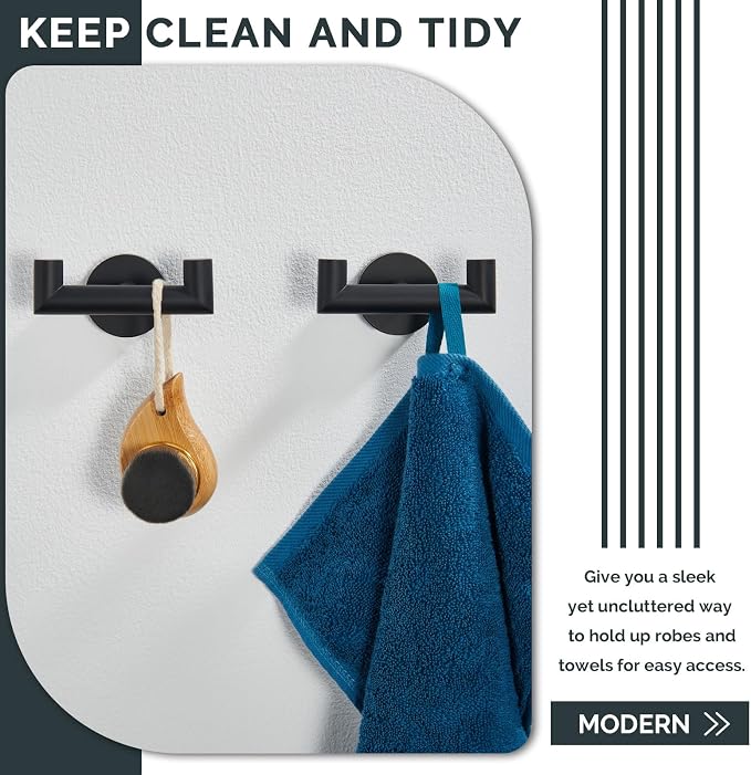 Angle Simple Double Towel Hook Matte Black 2 PCS, SUS304 Stainless Steel Bathroom Robe Hook, Hand Towel Holder for Wall