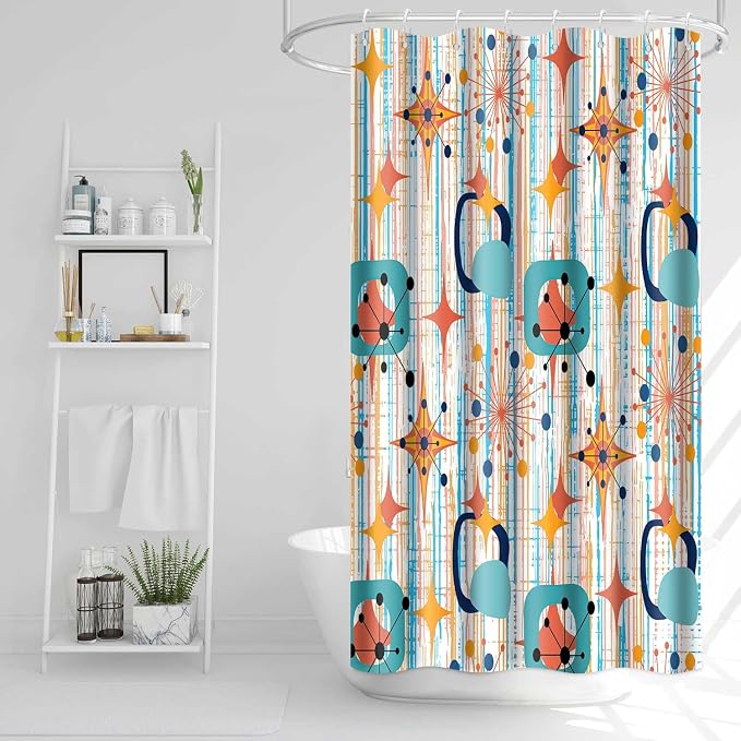 Mid Century Shower Curtain, 36x72inch, Modern Abstract Retro Colorful Striped Geometric Shower Curtain Sets 1950s Boho Bathroom Shower Curtain with 6 Hooks