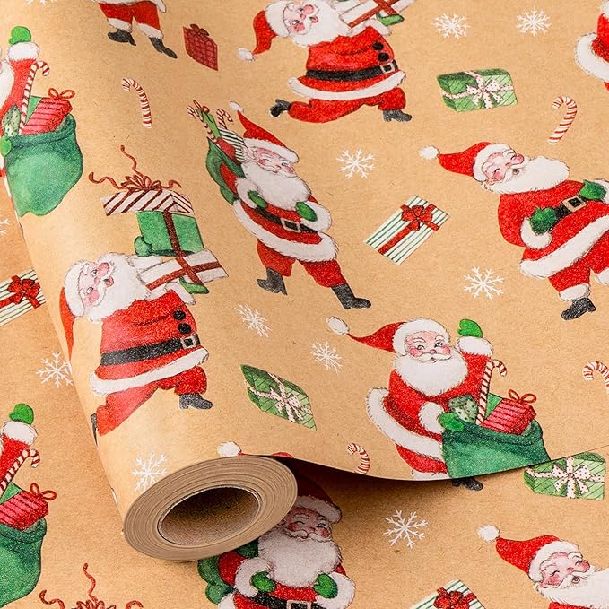 Yarcony Santa Christmas Wrapping Paper Roll, Kraft Holiday Wrapping Paper, Recyclable Funny Red Rolls From North Christmas Gift Wrap for Winter Holiday Packaging, Party Decoration (17 Inch X 33 Feet)