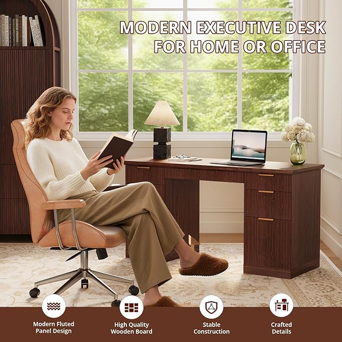 FURSUN 58" Fluted Modern Desk with Storage, Home Office Desk with 1 File Cabinet & 5 Drawers, Wood Executive Computer Writing Desk for Study, Living Room, Bedroom(Dark Walnut)