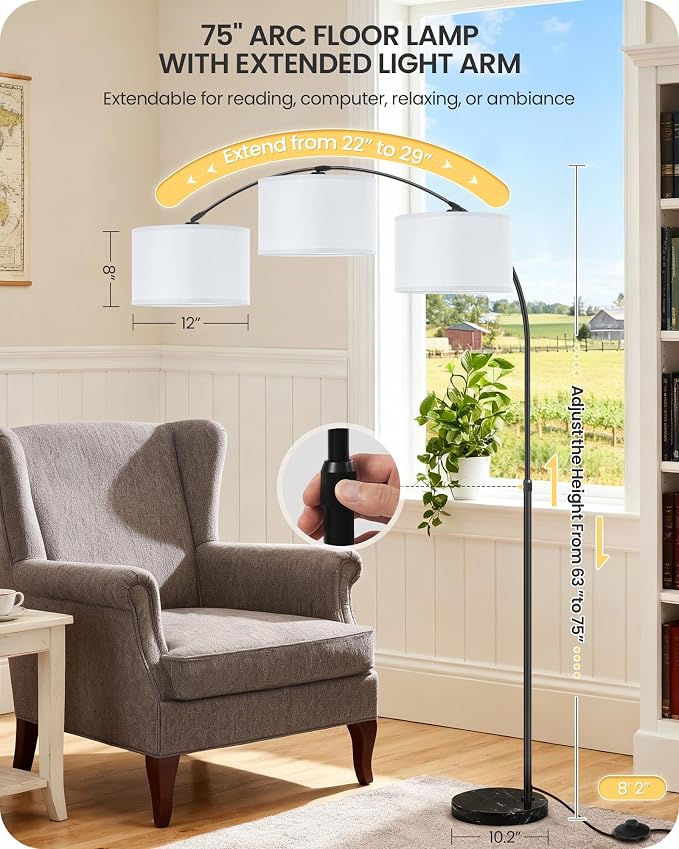 75" Arc Floor Lamp with Marble Base and Adjustable Height, Rotating Hanging Shade, Dimmable Floor Lamp for Living Room with Remote and Foot Switch, 3CCT, Over Couch Arched Light, White Shade W15LD05