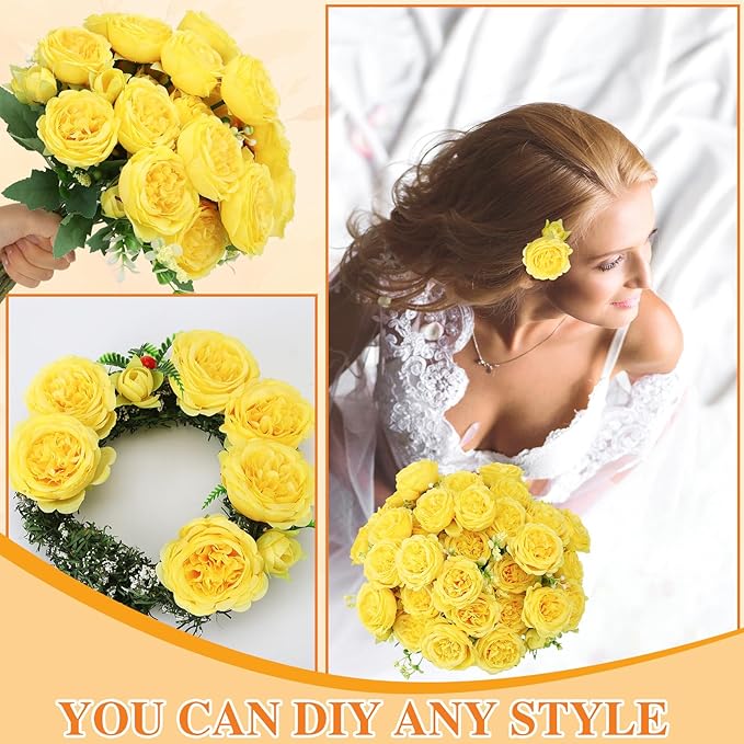 8 Pack Yellow Peonies Artificial Flowers, Fake Silk Hydrangea Bouquet for Bridal Wedding Home Table Decor Reusable Dining Opening Ceremony Birthday Arrangement Faux Floral