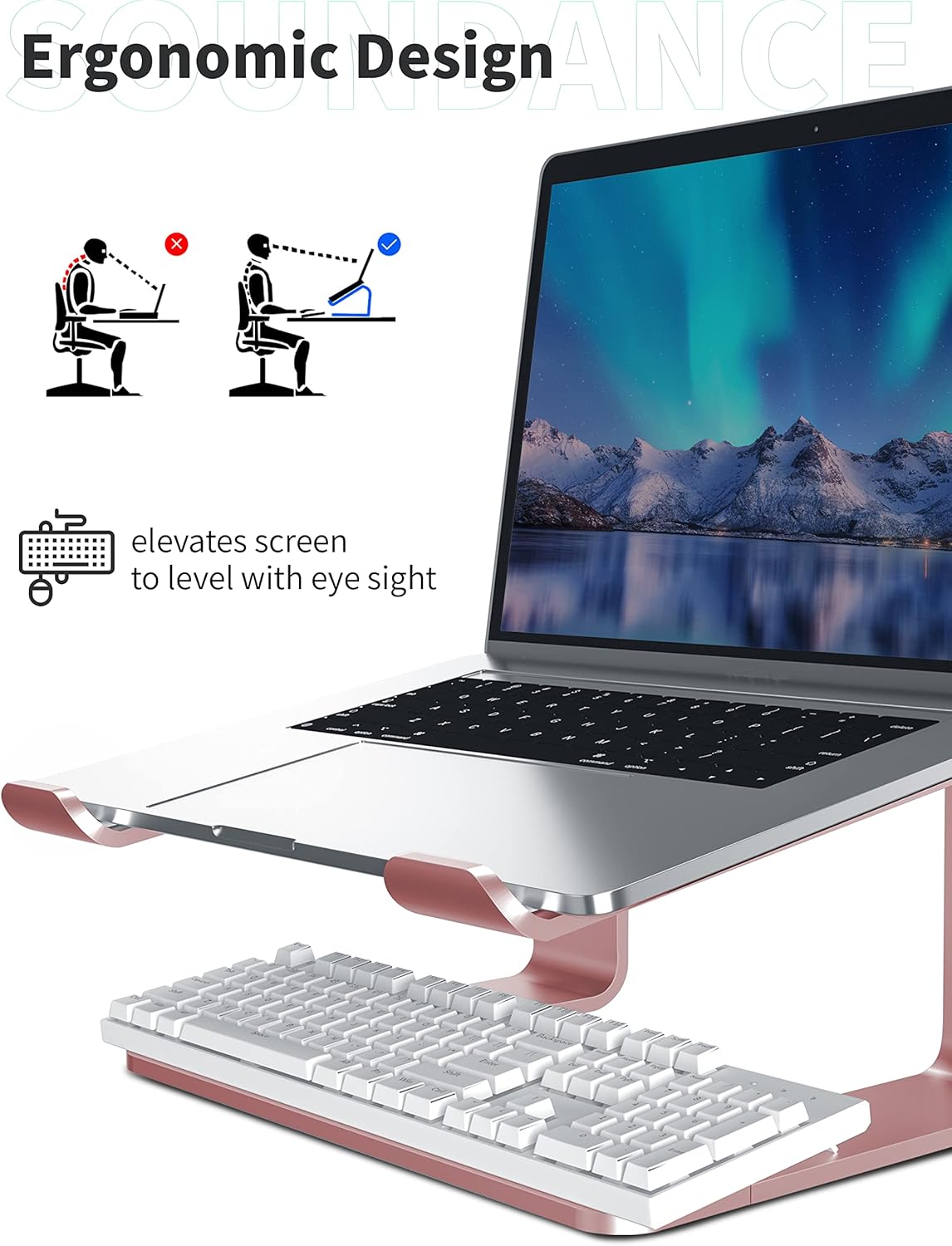 SOUNDANCE Laptop Stand - Ergonomic Aluminum Riser for 10 to 15.6 Inch Laptops | Stylish Gold Pink Finish