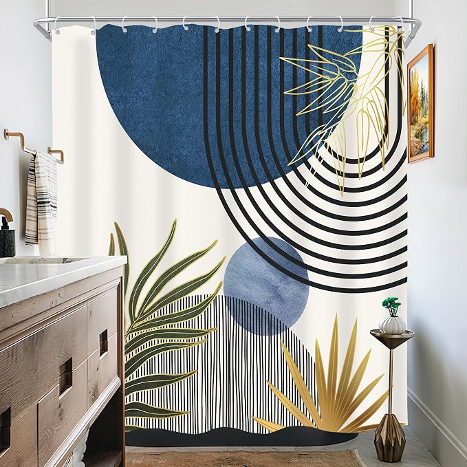 KOMLLEX Mid Century Blue Green Boho Shower Curtain 72Wx72L Inches Abstract Modern Shower Curtains for Bathroom Decor Plant Botanical Minimalist Arch Sun Fabric Liner Waterproof Polyester 12 Pack Hooks