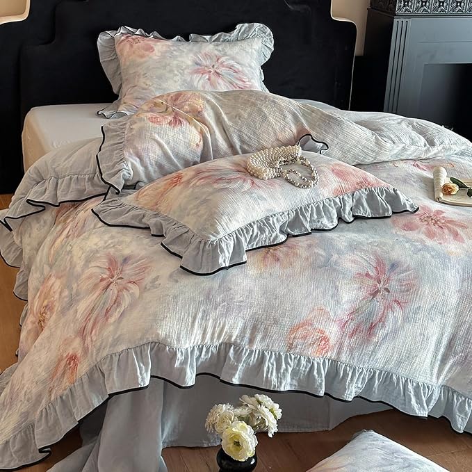 HighBuy Ruffle Duvet Cover Set King Blue Chic Blue Floral Bedding Set,100% Linen Cotton Natural Super Soft Comforter Cover,Comfortable Chic Lightweight - 1 Duvet Cover with 2 Pillowcase