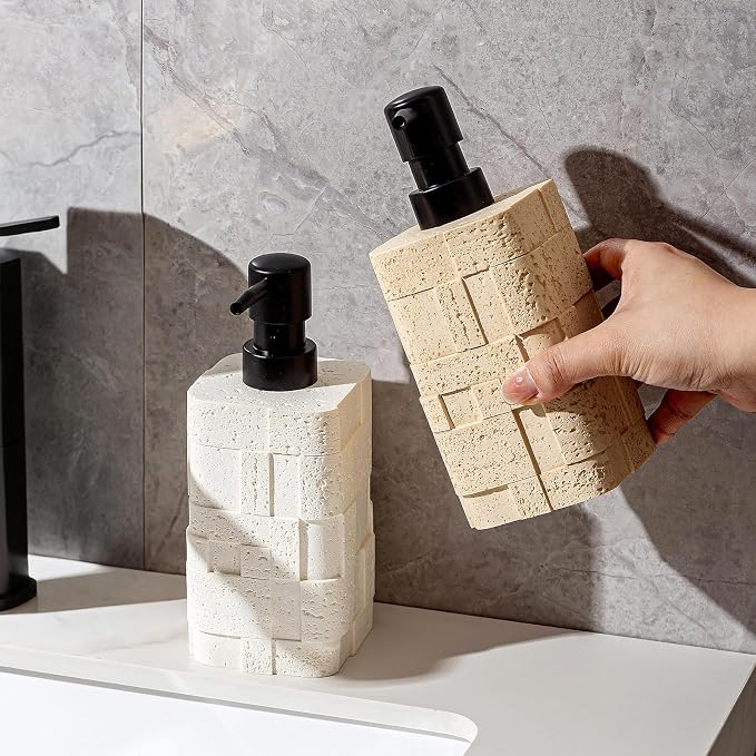 Soap Dispensers 400mL 13.5 OZ, 2 PCS Luxurious Hand Dish Lotion Shampoo Soap Dispenser Jar, Travertine Stone Look Soap Pump Bottles for Kitchen Bathroom Countertop (White)