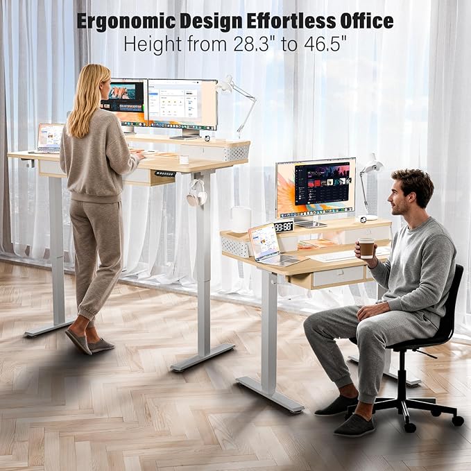 Electric Standing Desk with 4 Drawers 48''x 24'' Adjustable Height Sit to Stand Up Desk with Storage Shelf, C-Clamp Mount Compatible Black Home Office Desks Computer Gaming Table Ergonomic Workstation