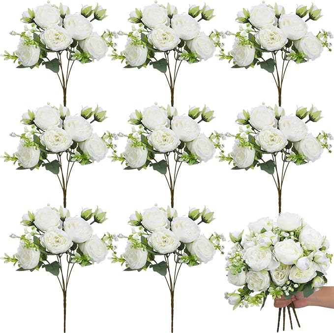 Crowye 8 Bundles Artificial Peonies Realistic Flowers with Stems Bouquet Peonies for Table Centerpieces Wedding Decoration Bridal Floral Arrangement (White)
