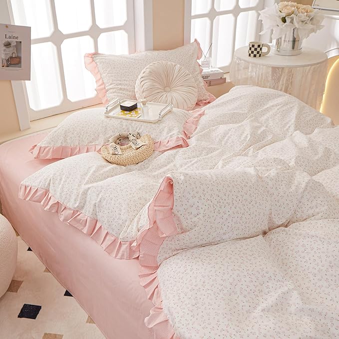 Pink Floral Duvet Cover King Chic Flower Print Ruffle Duvet Cover Cotton Lace Comforter Cover Country Style Floral Bedding Set Girls Ruffle Comforter Cover Flower king Duvet Cover with 2 Pillowcases