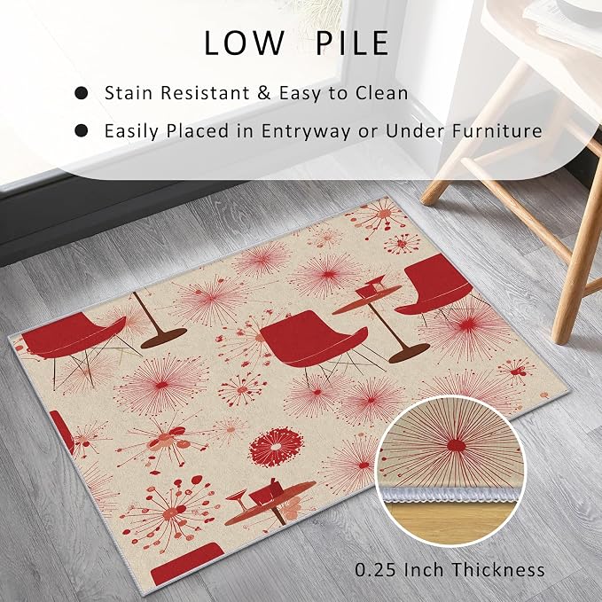 50s Retro Rug 5x8 60s 70s Mid Century Modern Pattern Area Rugs for Living Room, Bedroom, 50s Retro Home Decor Accessories Indoor Carpet, Non Slip & Machine Washable