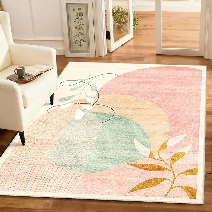 MUJOO 3x5 Washable Rugs,Boho Large Area Rug for Entryway Kitchen Entry Bedroom Bedside Foyer,Small Throw Carpet Indoor Non Slip Mid Century Modern Abstract Botanical Geometric Accent Pink