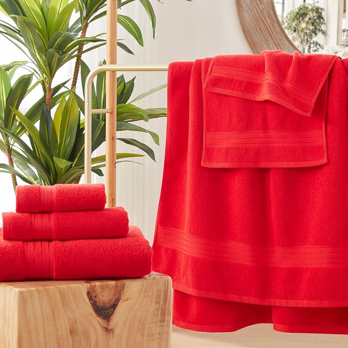 COZYART Luxury Red Bath Towels Set 3 Pcs, Cotton Hotel Large Towels for Bathroom, Thick Bathroom Sets of 3 with 1 Bath Towel, 1 Hand Towel, 1 Washcloth, 650 GSM
