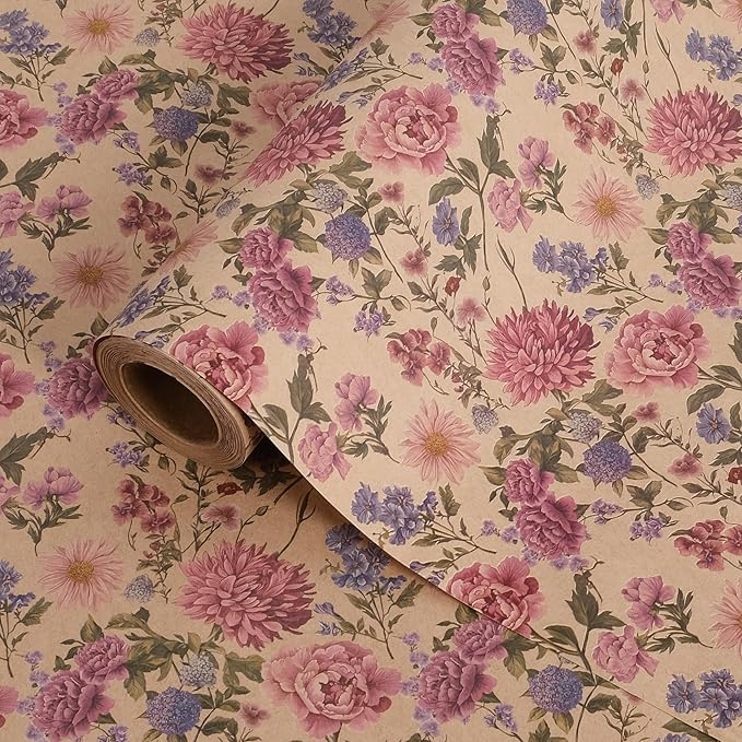 RayofSun Kraft Floral Wrapping Paper Roll 17 in x 32 ft Mini Roll Vintage Wildflower Pink Flower Gift Wrap Paper for All Occasion Wedding Birthday Bridal Shower Party Wrapping Supplies