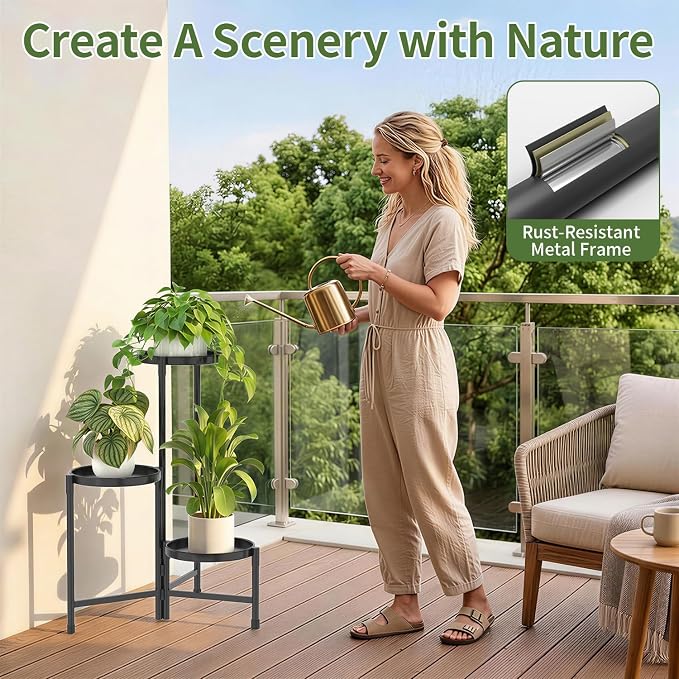 LASZOLA 3 Tier Large Plant Stand Indoor Tall with 10 Inch Metal Tray, Corner Folding Flower Display Rack, Modern Plant Holder Shelf for Outdoor Patio Porch Garden Office Living Room, Black