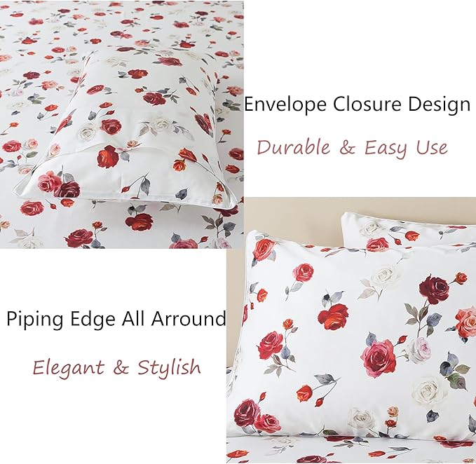 FADFAY Rose Sheets Set Twin XL Vintage White Rose Floral Bedding Shabby College Bedding 100% Percale Egyptian Cotton 800 Thread Count Ultra Soft Deep Pocket Fitted Sheet 4Pcs, Twin XL for Dorm Room