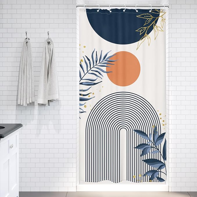 Small Stall Boho Shower Curtain 36Wx72H Navy Blue Modern Bohemian Mid Century Gold Leaves Orange Minimalist Geometric Bathroom Decor Half Narrow Bath Curtain Fabric Polyester 7 Pack Hooks