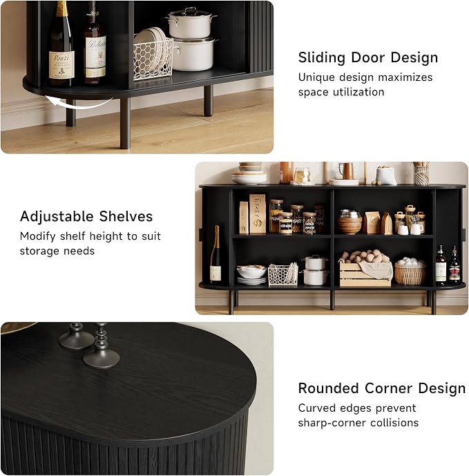 Buffet Sideboard Cabinet with Storage, 63" Fluted Cabinet with Sliding Door & Adjustable Shelf, Modern Accent Coffee Bar Console Table for Kitchen, Entryway, Black