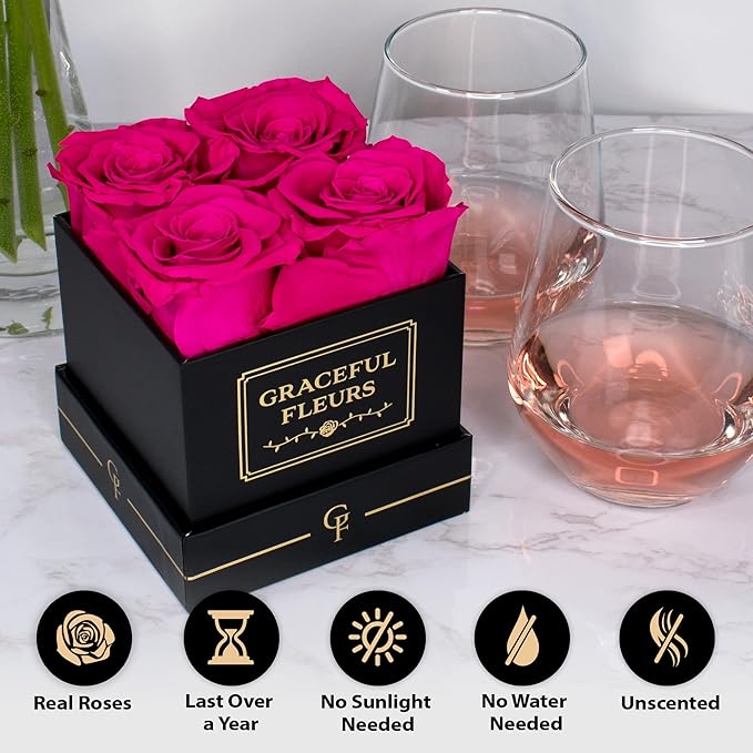 Graceful Fleurs | Real Long Lasting Roses for Years | Preserved Fresh Flowers for Delivery Birthday | Birthday Gifts for Women | Forever Roses in a Box (Radiant Pink, Black Box, 4 Roses)