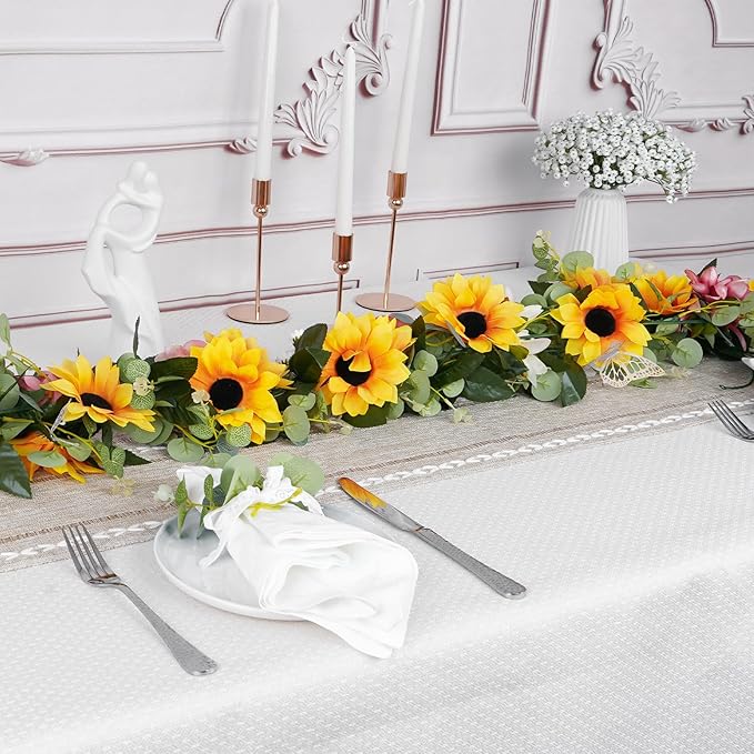 2 Pack Sunflower Garland Decorations,7.5ft Artificial Silk Sunflowers,Fake Vines with Green Leaves Hanging Flower Garlands for Birthday Party Backdrop Wedding Table Decor