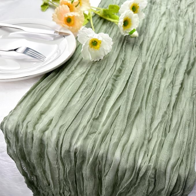 Booque Valley 6 Pack Sage Green Cheesecloth Table Runner 10ft Super Soft Boho Wrinkled Gauze Sheer Cloth for Baby Shower Baptism Birthday Party Wedding Centerpiece Table Decoration, 35x120 Inch