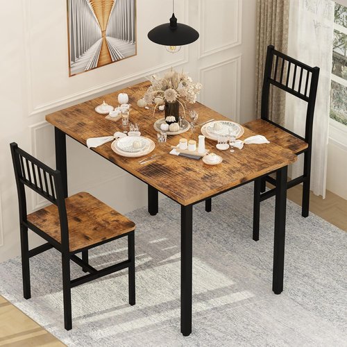 AWQM 3 Piece Dining Table Set - Compact Kitchen Table with 2 Chairs for Small Spaces | Brown