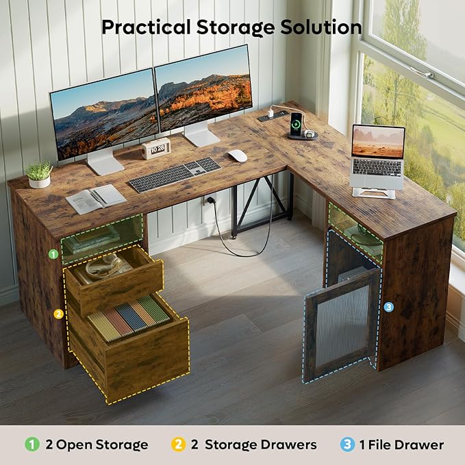 Bestier Farmhouse L Shaped Desk with Drawers, 63" x 47" Office Computer Desk with Charging Station & Fluted Storage Cabinet, Corner Desk with File Drawers, Modesty Panel for Home Office, Rustic Brown