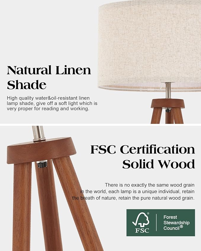 ELYONA Wood Tripod Floor Lamps with 3 Color Temperatures LED Bulb Vintage Standing Light Beige Linen Shade Tall Floor Lamp for Bedroom Living Room Office Study Room, Brown & Nickel Metal