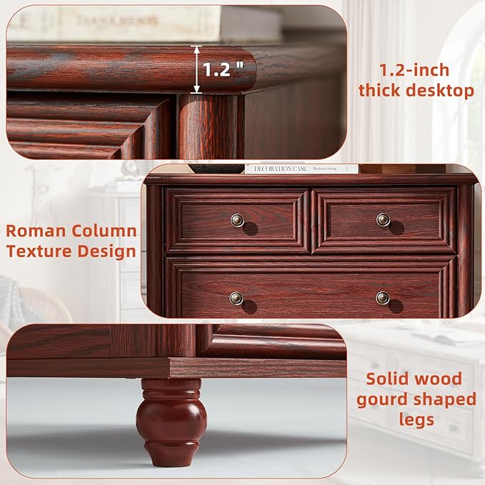 Farmhouse 5 Drawer Dresser Set of 2, Chest of Drawers for Bedroom, 35.5" Tall Dresser with Roman Column, Rustic Wood Storage Dressers Organizer for Living Room, Hallway, Closet(Red Oak)