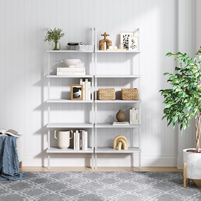 Nathan James Theo 5-Shelf Modern Bookcase, Open Wall Mount Ladder Bookshelf with Industrial Metal Frame, White, Set of 2