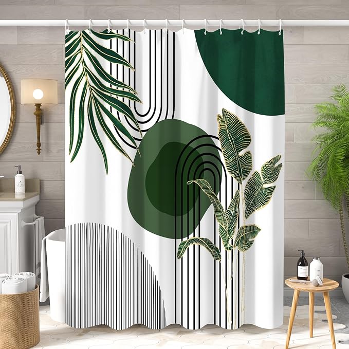Mid Century Green Shower Curtain for Bathroom Boho Modern Abstract Plant Tropical Leaves Bathroom Curtain Set Geometric Arch Minimalist Waterproof Fabric Bath Decor 60x72 inch