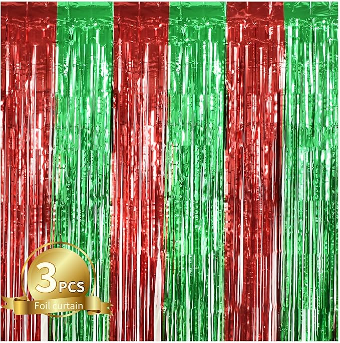 TONIFUL 3Pcs Red Green Door Streamers,Red GreenPhoto Booth Backdrop Metallic Streamers Foil Fringe Curtains for Birthday,Christmas,New Year,Bachelorette,Grad Party Streamers Decor(9.9ft x 6.6ft)