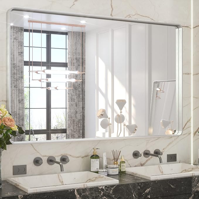 TETOTE 48 x 30 Inch Bathroom Vanity Mirror, Silver Framed Brushed Nickel Modern Farmhouse Decorative Rectangle Entryway Wall Mirror (Horizontal/Vertical)