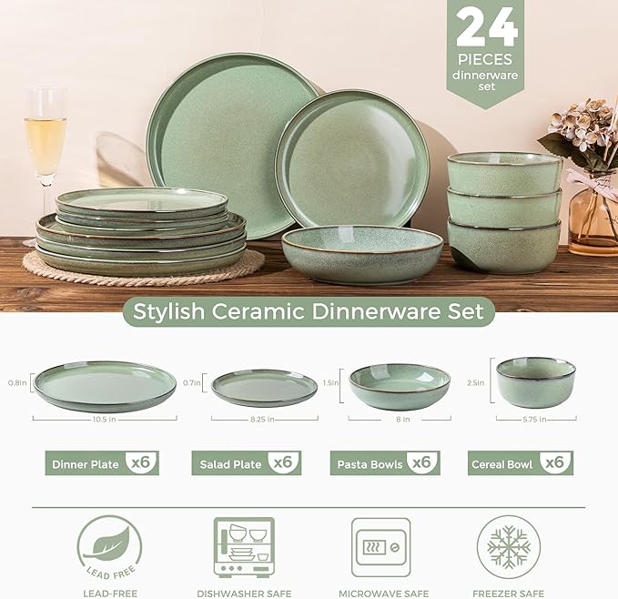 GBHOME 24 Pieces Double Bowls Dinnerware Sets for 6, Stoneware Plates and Bowls Set with Reactive Glaze, Scratch Resistant Stoneware Dishes Set, Dishwasher & Microwave Safe