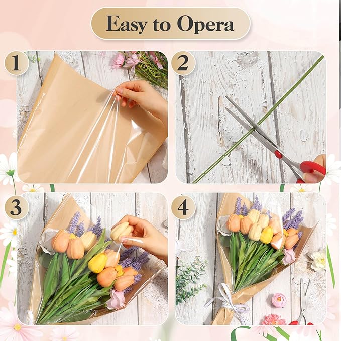 cridoz 50 PCS Flower Wrapping Paper Sleeves for Bouquets with 50 PCS Floral Card Holder Picks and Ribbons, Kraft Bouquet Bags for Flower Bar, Mother's Day, Graduation, Valentine, 22 x 14 Inches
