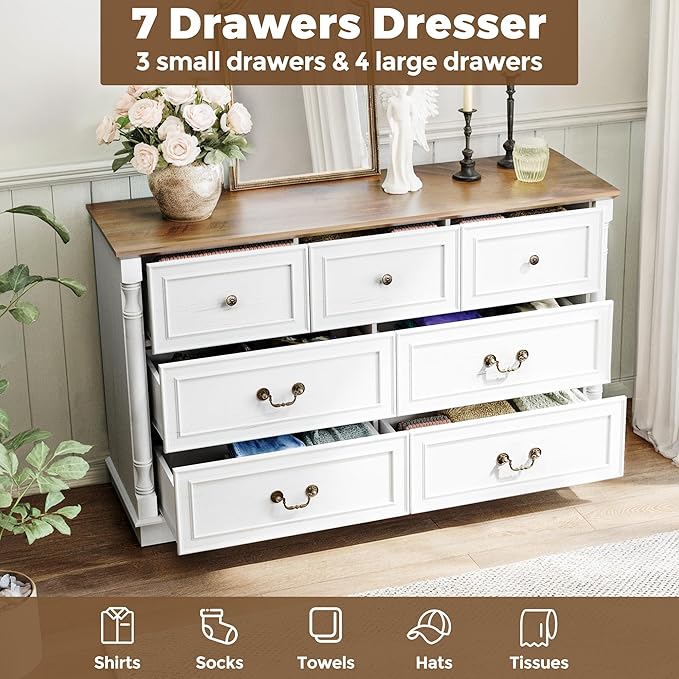 Farmhouse 7 Drawer Dresser for Bedroom, 52" Wide Rustic Chest of Drawers with Retro Handle, White Dresser with Natural Texture, Wood Vintage TV Stand for Living Room, Hallway, Antique White
