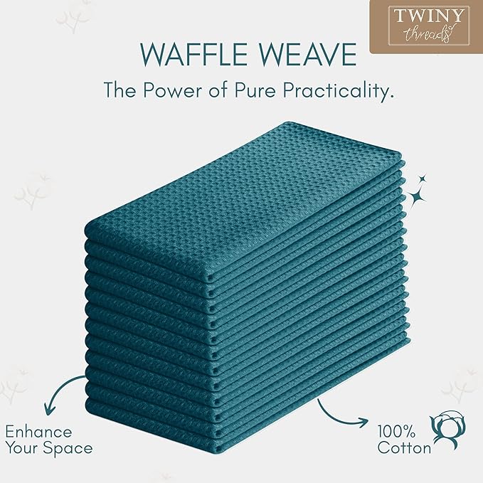 TWINY threads Kitchen Towels Set of 12, 16x26 Inches, 100% Cotton Waffle Weave Dish Towels, Soft and Absorbent Tea Towels with Hanging Loop, Washable Reusable Cloths for Cleaning, Teal Green