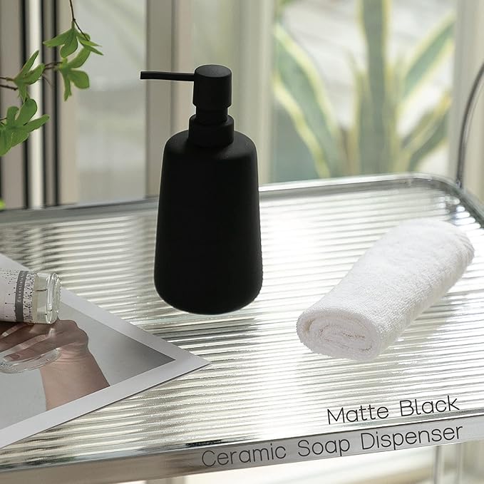 2 Pack Soft Touch Rubber Coating Matte Black Ceramic Soap Dispenser, 13 oz Refillable Pump Bottle for Bathroom or Kitchen Countertop, Non-Slip and Comfort Grip