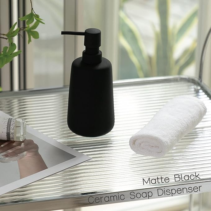 Matte Black Ceramic Soap Dispenser, 13 oz Refillable Bathroom or Kitchen Countertop Dispenser with Soft Touch Rubber Coating