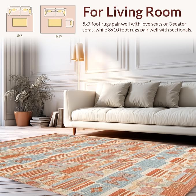 Flatwoven High Traffic Area Rug 6x9, Modern Farmhouse Geometric Terracotta Design, Non Slip, Stain Resistant, Washable Area Rugs for Living Room, Bedroom (Orange, 6x9)