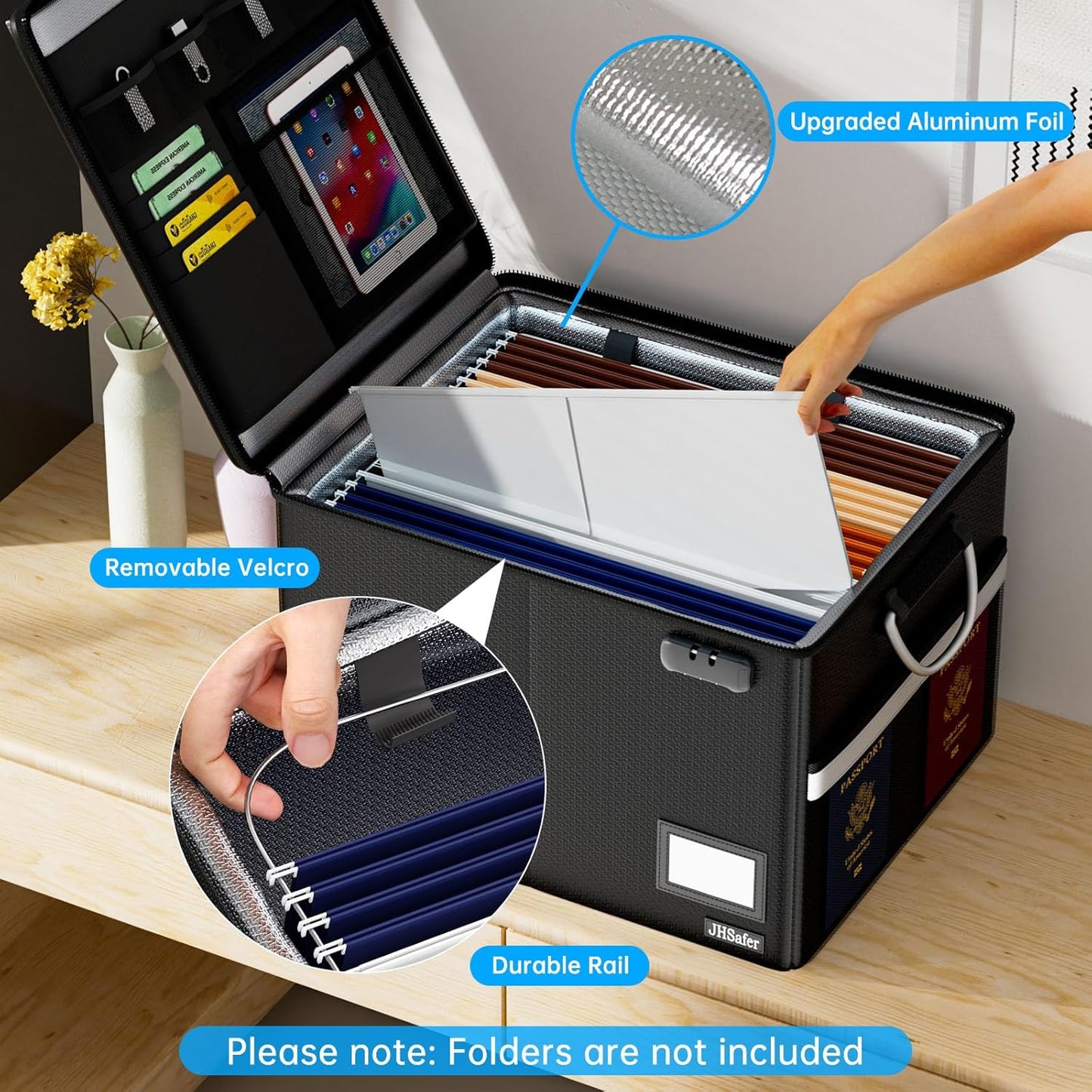 Skiennix Fireproof Document Box - Waterproof File Organizer with Lock & Handle | Portable Black Filing Cabinet