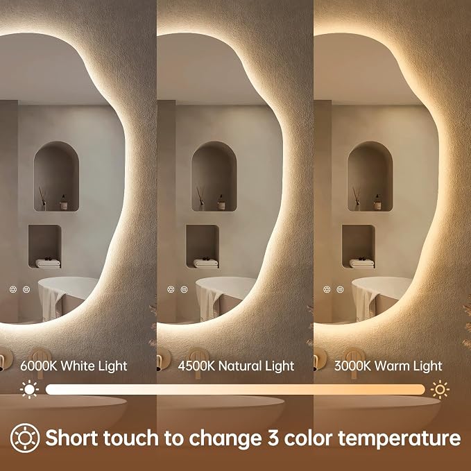 LOVESPEJO Irregular Backlit Mirror Bathroom 25x35 Inch, Asymmetrical LED Bathroom Mirror with Lights, Fogless, Dimmable, 3 Color Changing, Horizontal/Vertical