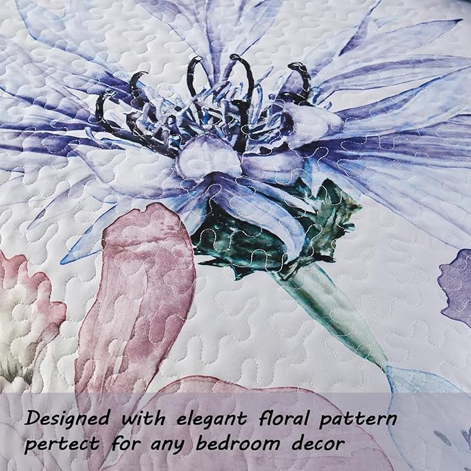 Yogeneg King Size Quilt Set, Elegant Floral Botanical Pattern Purple Bedding Set,3 Piece Lightweight Soft Summer Bedspread Coverlet with 2 PIillow Sham for All Season(Purple Floral,110"x96")
