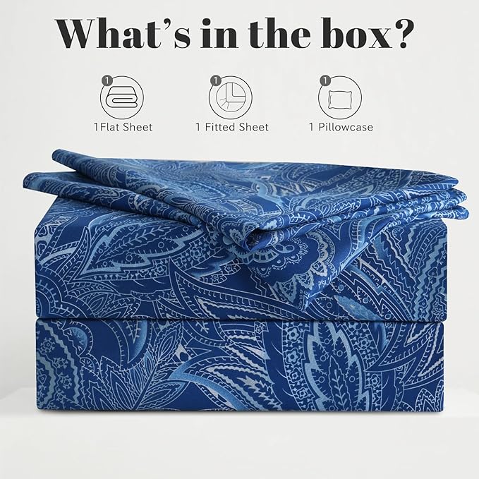 Bedlifes Twin Sheet Set Ultra Soft, Breathable, Silky Flower Deep Pocket 100% Microfiber Bedding, 3 Piece Twin Size Paisley Dark Navy Blue